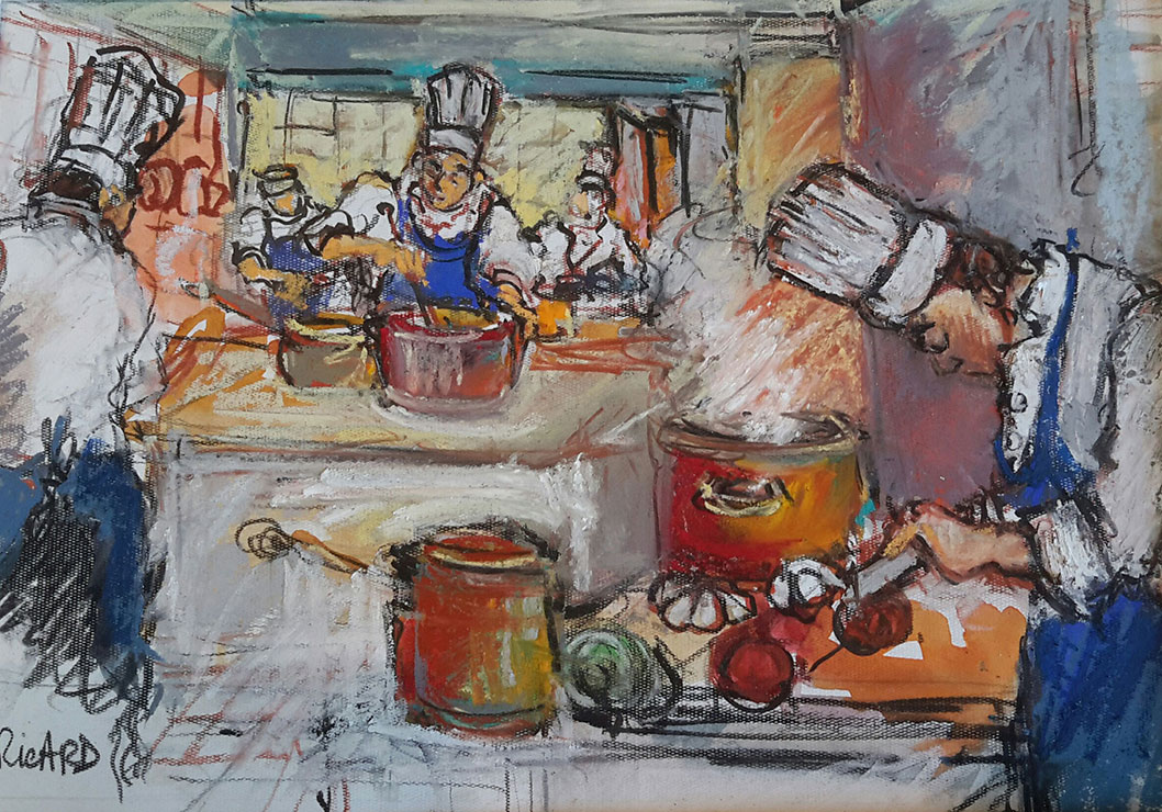 Anne Ricard - Croquis de Cuisiniers - Huile 30 x 45 cm