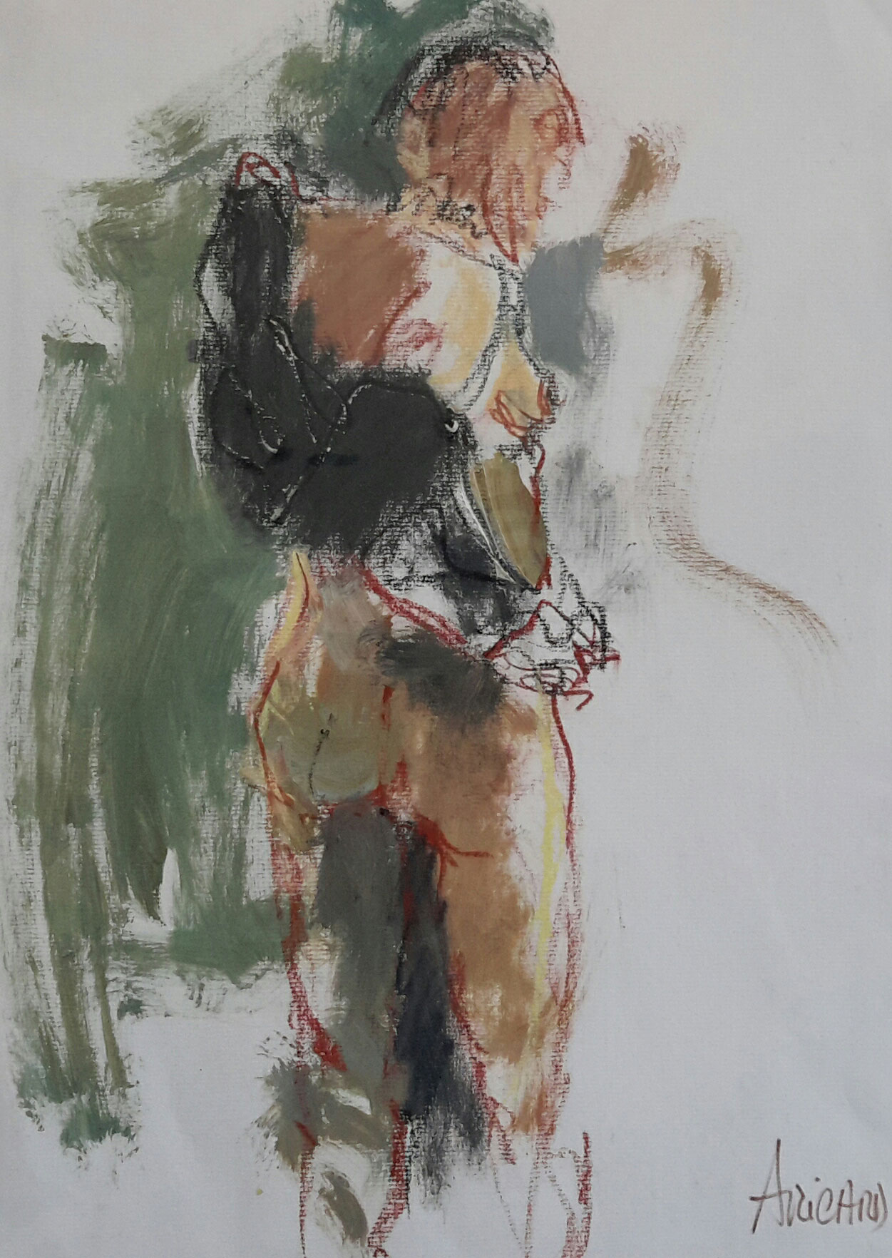 Anne Ricard - Écharpe Noire - Sanguine et Aquarelle 50 x 65 cm