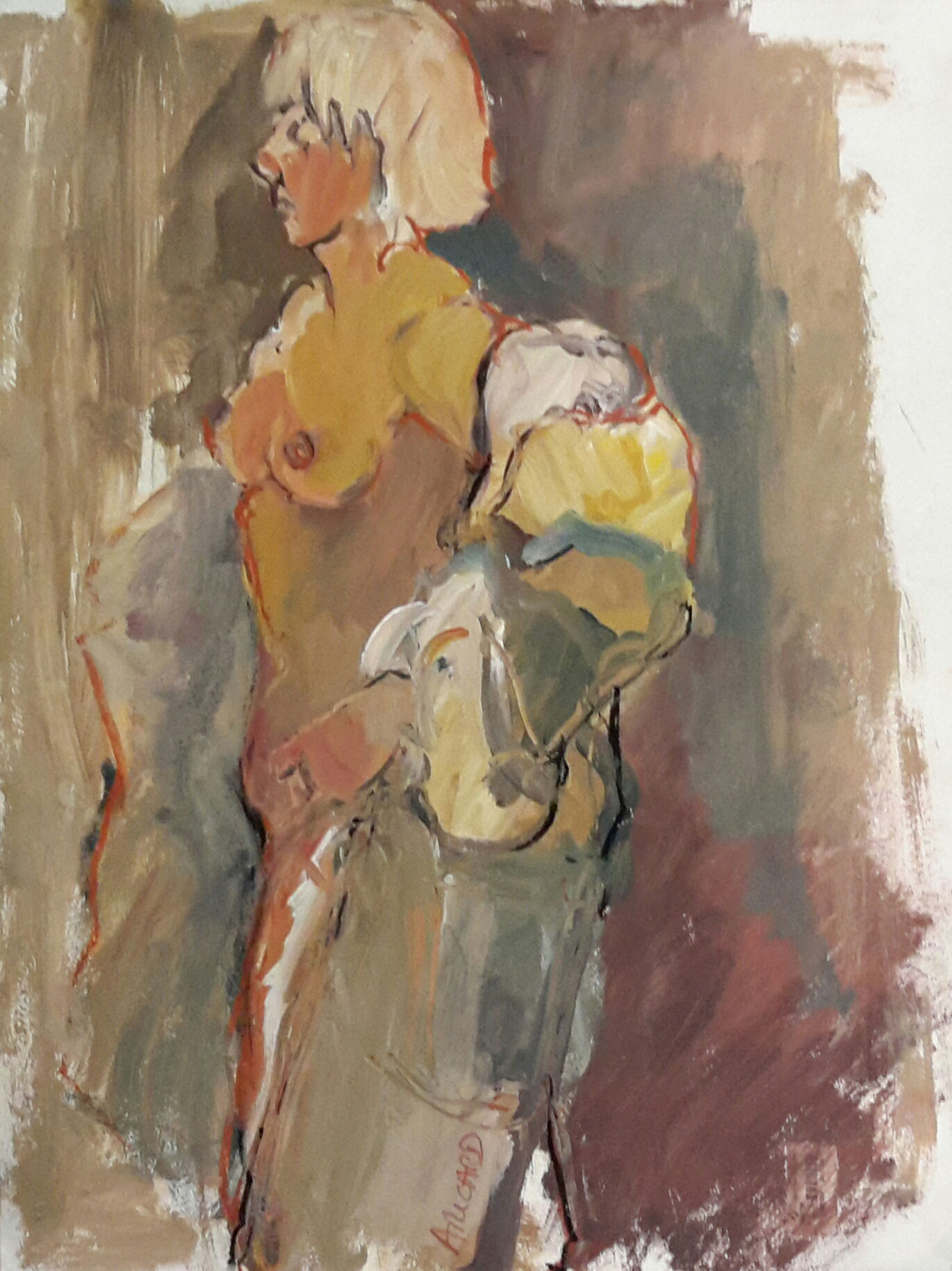 Anne Ricard - Nu au Manteau - Gouache et Sanguin 65 x 50 cm